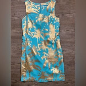 Tori Richard Elegant Gold and Blue Palm Print Dress Size 00